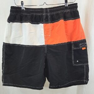 Vibrant Black, White, and Orange Men's Swim Board Shorts